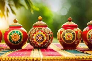 five colorful pots on a table with a green background. AI-Generated photo