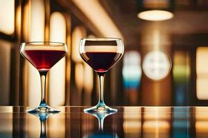two glasses of wine on a bar counter. AI-Generated photo
