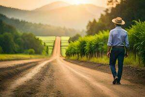 a man in a hat walks down a dirt road. AI-Generated photo