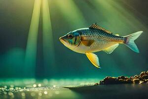 un pescado es nadando en el agua con luz de sol brillante. generado por ai foto