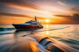 a yacht traveling through the ocean at sunset. AI-Generated photo