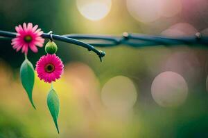 two pink flowers on a barbed wire. AI-Generated photo