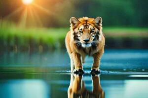 un Tigre caminando a través de un cuerpo de agua. generado por ai foto