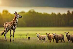 un jirafa y algunos animales en un campo. generado por ai foto