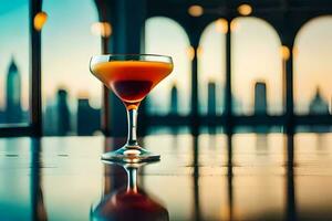 a cocktail sitting on a table in front of a cityscape. AI-Generated photo
