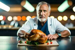 a man in a white coat sits at a table with a turkey. AI-Generated photo