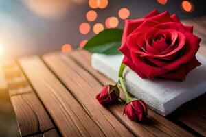 a rose is placed on a wooden table with a red rose in the center. AI-Generated photo
