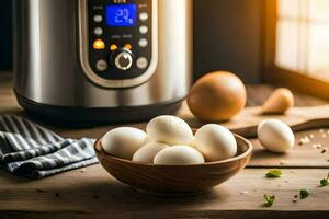 eggs in a bowl next to an instant pot. AI-Generated photo