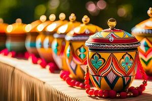 colorful pots lined up on a table with a green background. AI-Generated photo