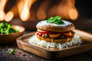 un hamburguesa con queso y vegetales en un lámina. generado por ai foto