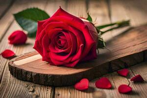 a single red rose is placed on a wooden table with petals scattered around it. AI-Generated photo