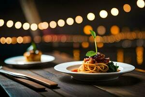 un plato de espaguetis y albóndigas en un de madera mesa. generado por ai foto