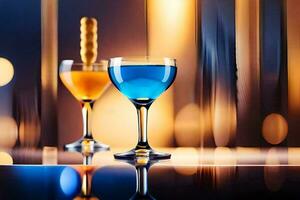 two glasses of blue and yellow liquid sitting on a table. AI-Generated photo