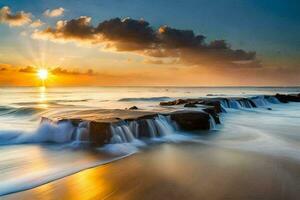 the sun rises over the ocean and waves crashing into the shore. AI-Generated photo