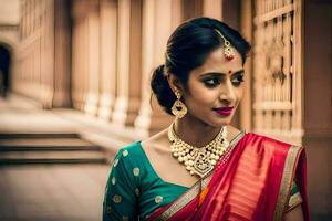 a beautiful indian woman in a red sari. AI-Generated photo