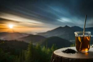 a cup of tea on a tree stump in the mountains. AI-Generated photo