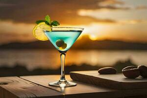 a blue cocktail with olives and a sunset in the background. AI-Generated photo