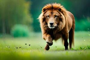 un león corriendo mediante un campo. generado por ai foto