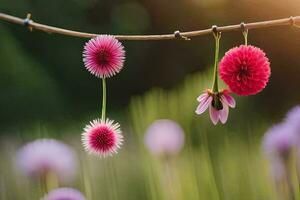 flores colgando desde un cable en un campo. generado por ai foto