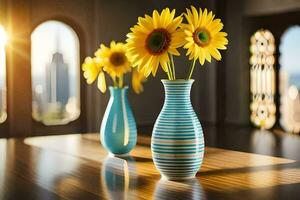 sunflowers in vase on table with city view. AI-Generated photo