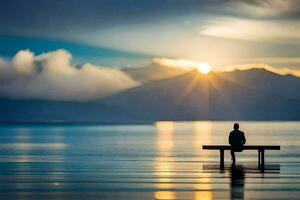 the man sits alone on a bench in the middle of the lake. AI-Generated photo