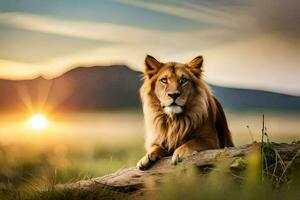 un león sentado en un Iniciar sesión en el medio de un campo a puesta de sol. generado por ai foto