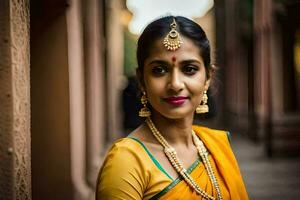 a beautiful indian woman in a yellow sari. AI-Generated photo