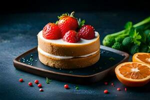 un pastel con fresas y brócoli en un negro antecedentes. generado por ai foto