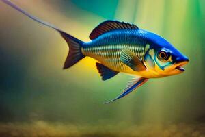 a blue and yellow fish swimming in the water. AI-Generated photo
