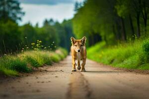 a dog walking down a dirt road in the middle of a forest. AI-Generated photo