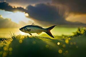 un pescado es en pie en el césped en frente de un puesta de sol. generado por ai foto