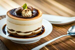 a dessert on a plate with a spoon. AI-Generated photo