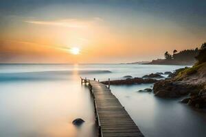 a long exposure photo of a wooden pier in the ocean. AI-Generated