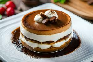 a dessert with chocolate and whipped cream on top. AI-Generated photo