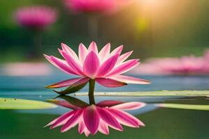 pink lotus flower in water with green leaves. AI-Generated photo
