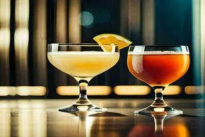 two cocktails sit on a table in front of a window. AI-Generated photo