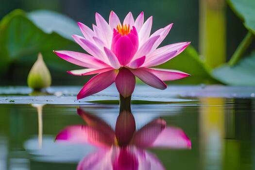 un rosado loto flor es reflejado en el agua. generado por ai foto