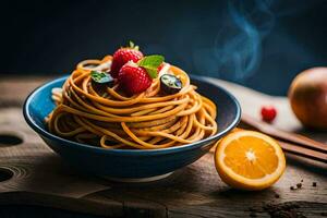 a bowl of noodles with strawberries and a slice of orange. AI-Generated photo