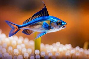 un azul pescado es nadando en un acuario. generado por ai foto