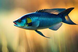 a fish with blue and yellow stripes is flying in the air. AI-Generated photo