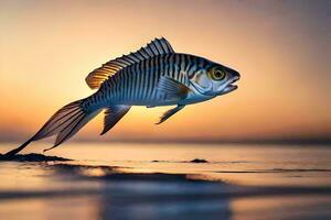 un pescado es saltando fuera de el agua a puesta de sol. generado por ai foto