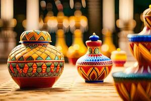 colorful vases are lined up on a table. AI-Generated photo