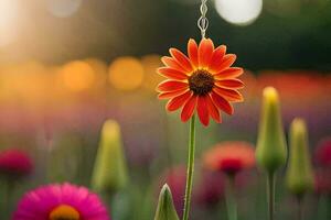 a single orange flower is standing in a field. AI-Generated photo