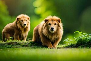 dos leones son sentado en el césped en el bosque. generado por ai foto