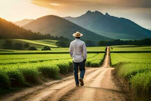 a man in a hat walks down a dirt road in a field. AI-Generated photo