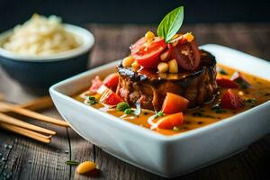 un cuenco de sopa con carne y vegetales. generado por ai foto