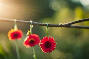 red flowers hanging from a branch in the sun. AI-Generated photo