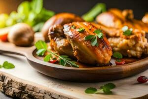 chicken with herbs and spices on a wooden plate. AI-Generated photo