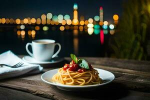 un plato de espaguetis con tomate salsa y un taza de café en un de madera mesa en frente de. generado por ai foto