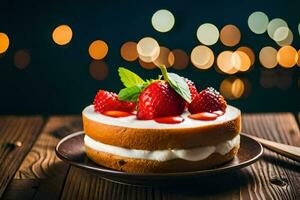 a cake with strawberries and cream on a wooden table. AI-Generated photo